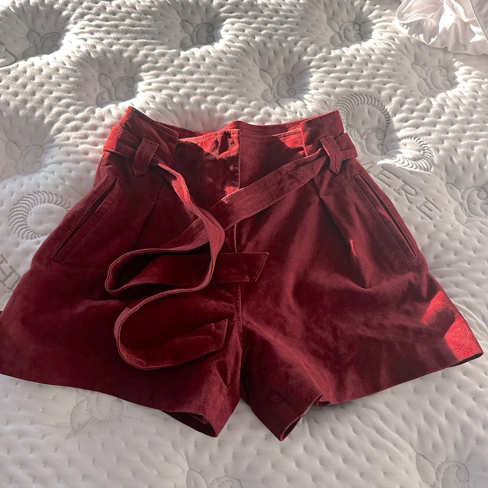 Suede High-Waist Belted Women's Shorts - Deep Burgundy Red